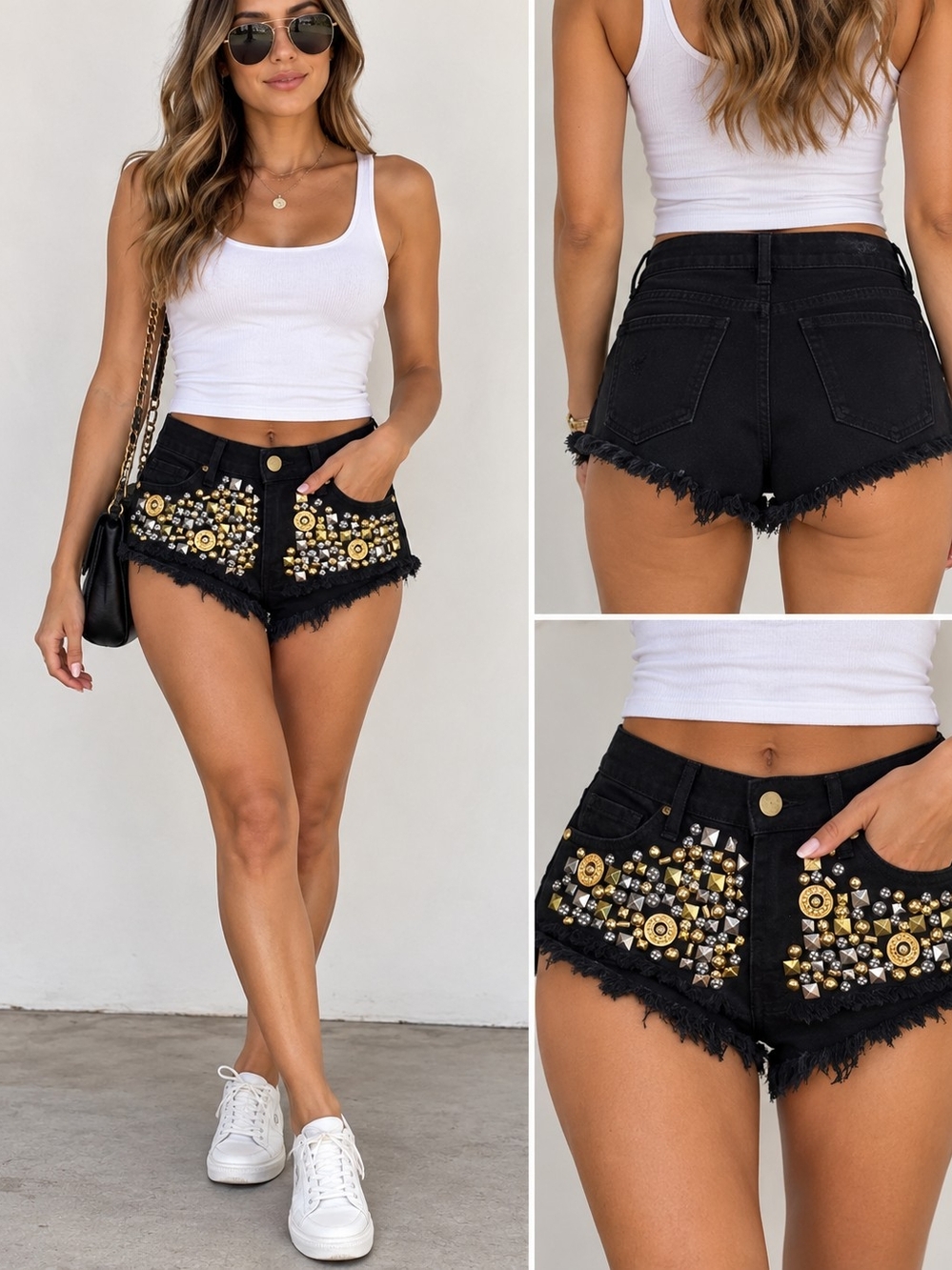 Gold-Studded Black Denim Jean Shorts - Women's High-Rise Frayed Hem
